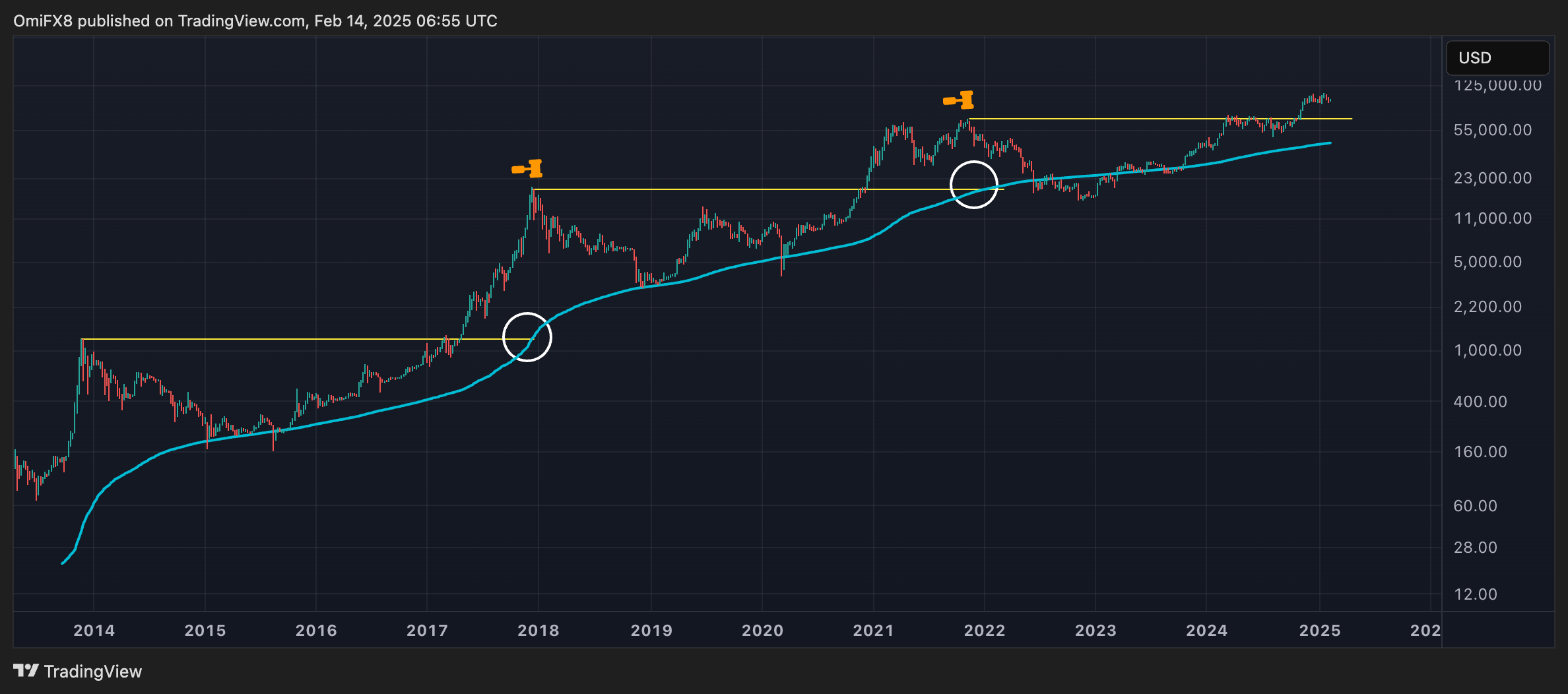 مخطط BTC الأسبوعي مع SMA لمدة 200 أسبوع.