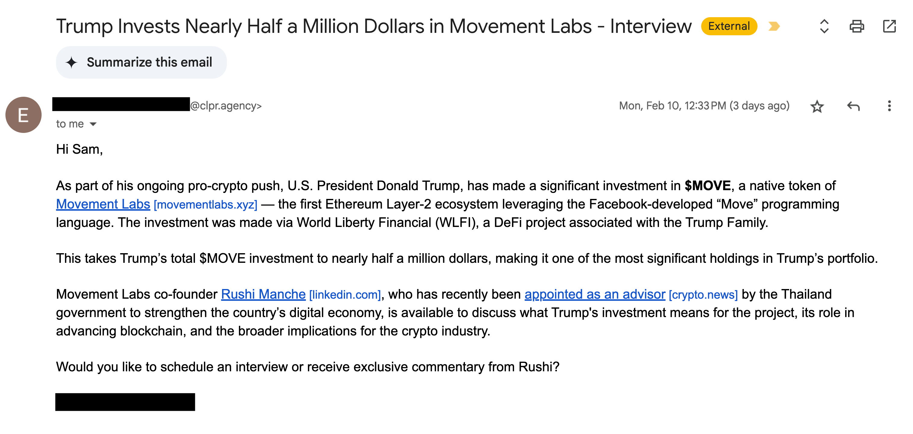 أرسلت شركة Movement Labs's PR عبر البريد الإلكتروني للصحفيين حول
